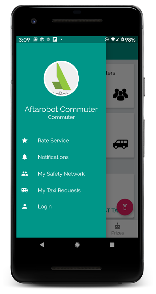 AftaRobot mobile app interface showing transportation booking features